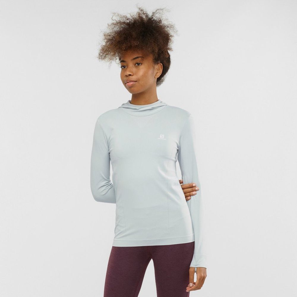 Salomon Singapore Womens Midlayers - COMET SEAMLESS HOODIE Azure | 47563-RMTZ